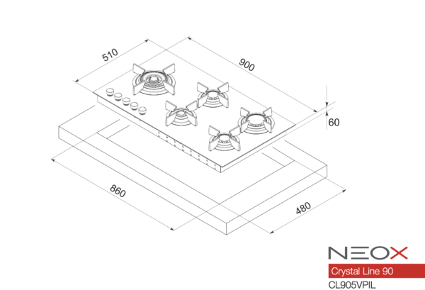 Neox Crystal Line HE Gas Hob Tempered Glass 90 - Image 2